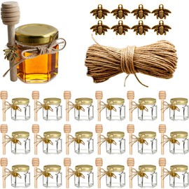Adabocute Honey Pot, Mini Honey Jars with Dipper, Glass Honey Jars Baby Shower Favors, Party Favors & Wedding Favors, Gold Lid, Bee Pendants, Gold Organza Bags, 20 Pack 1.5oz