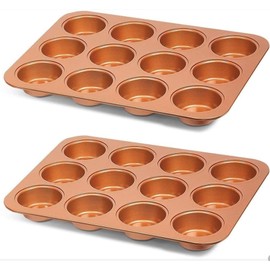 Set of 2 Nonstick Muffin Pan 12 Cups Professional Healthy Cupcake pans Ceramic Coated Copper muffin pans Even Baking, Dishwasher and Oven Safe
