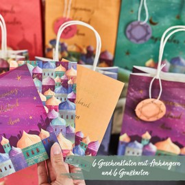Papierdrachen 6 Colourful Ramadan Handbags - Beautiful and High Quality Gold Printed - Ideal for Wrapping Gifts - with Tags and Postcards - Set of 3