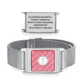 Divoti Alpha Unisex Mesh Band Medical Alert ID Bracelets, Adjustable - STAINLESS SILVER / PINK CARON FIBER / WHITE CADUCE