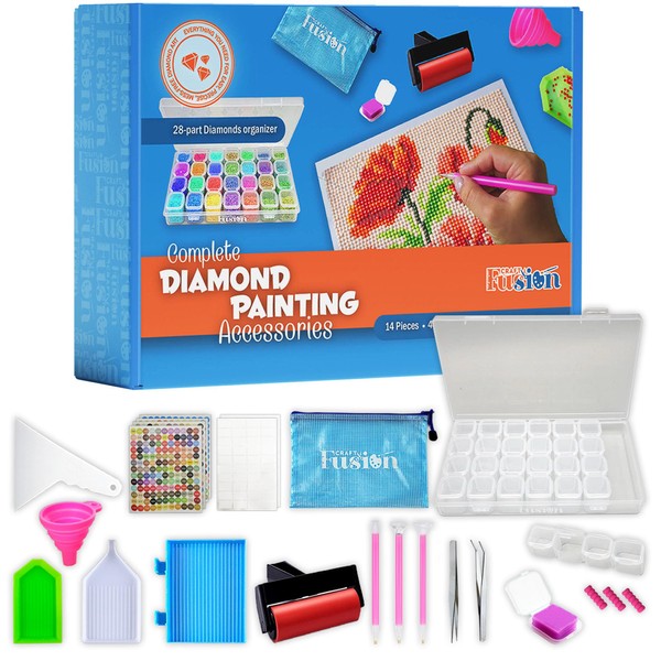 CRAFT FUSION Diamond Painting Tools and Accessories - Diamond Art Kits for Adults and Kids - DIY Diamond Painting Bead Organizer Box with Small Grid Storage Containers, 28 Parts, Includes sticker pack
