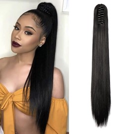 Cybelleza Braid Hairpiece Ponytail Hair Extension Straight Clip in Ponytail Extensions Claw Like Real Hair Straight Hair Synthetic Hair Long Voluminous (Black)