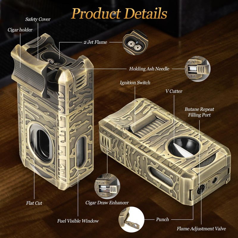 DXXULL Cigar Lighter, 7-in-1 Cigar Lighter Set: Dual-Flame Windproof, Visual