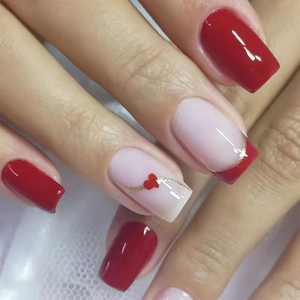 Valentine's Red French Tip Press on Nails Square Fake Nails