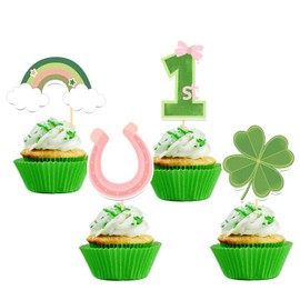 24Pcs St Patrick's Day 1st Birthday Cupcake Toppers Baby Shower for St Patrick's Day Party Decorations, Four Leaf CloverOne Cupcake Toppers for First Birthday Party Decorations (1st pink)