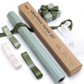 Keypan Sage Green Gift Wrap Paper Roll Set with Ribbon & Tags, 17" x 33 ft