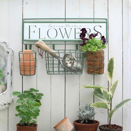 Farmhouse Rustic Wall Mounted Planter Baskets Set Vintage Hanging Metal Flower Pot Plants Holder with Detachable Hooks Multiuse Tools Storage Organizers for Garden Patio Yard Outdoor Decor Green