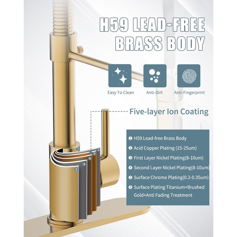 Casavilla LED Kitchen Faucet, Brushed Gold Kitchen Faucet with Soap