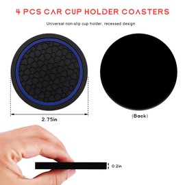 NYTKL 4PCS Car Cup Holder Coasters, 2.75 Inch Non-Slip Auto Coaster Waterproof Drink Mat, Universal Console Cup Holder Insert Anti Dust Water Bottle Pads for Cars, Trucks, SUVs (Black & Blue)