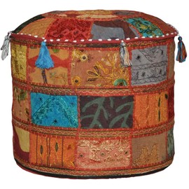 Sophia-Art Indian Embroidered Patchwork Cover Indian Decorative Pouf Indian Comfortable Floor Cotton Cushion Ottoman Pouf, Indian Designs Ethnic Patchwork Pouf (Change, 18 x 13 Inches)