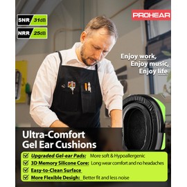 PROHEAR 033 Gel Ear Pads AM FM Bluetooth Radio Headphones - More Soft Comfort - USB C Rechargeable 2000mAh Battery - 31dB SNR - 58Hrs Playtime - Hearing Protection for Mowing Lawn, Gifts for Father