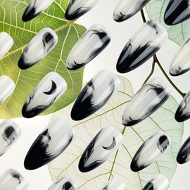 Ink French Tips Press On Nails - Medium Almond Glossy Black Gradient Acrylic 24Pcs Moon Fake Nails - Gel Glue On for Manicure Curve Line Stick On - Coquette Style for Women Girls