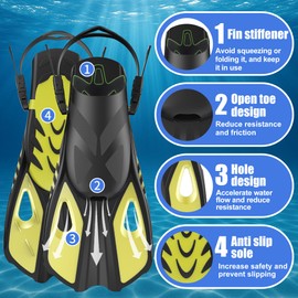 MELUMILU Snorkel Fins, Swim Fins Travel Size Short Adjustable for Snorkeling Diving Adult Men Women Open Heel Swimming Flippers (Yellow)