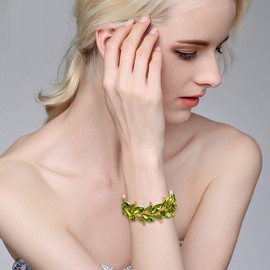 BriLove Wedding Bridal for Women Marquise-Shape Leaf Stretch Bangle Peridot Color Gold-Toned