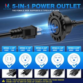 MICTUNING 5-in-1 Outdoor Power Outlet, 20A 125V AC Port Plug, RV Shore Power Inlet with Integrated 20'' Extension Cord & Waterproof Cover