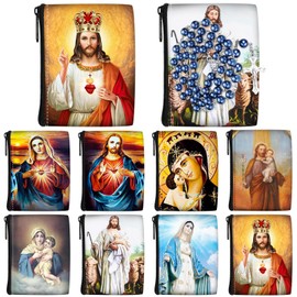 Windyun 8 Pcs Catholic Rosary Pouch 3.5'' x 2.8'' Coin Purse Rosary Holder Rosary Bag Icon Bag with Zipper for Prayer Storage (Religious)