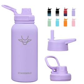 STACEGEELE 32oz Insulated Water Bottle with Straw 18/8 Stainless Steel Water Bottle with 2 Lids Metal Water Bottle Large Flask Vacuum Double Walled Reusable Leak Proof 32oz(950ml Purple)