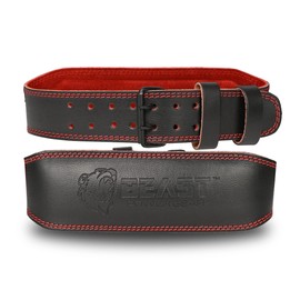 Beast Power Gear Weight Lifting Belt - 4” Genuine Leather For Lower Back Support Bodybuilding Squat Deadlift Cross Strength Training Weightlifting Gym Belt For Men Women (Black/Red, Small 24" - 29")