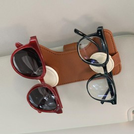 COOLYOUTH Sunglass Holder for Car Accessories Magnetic Leather Sunglasses Holder for Car Visor Double Position Clip (1, Brown)
