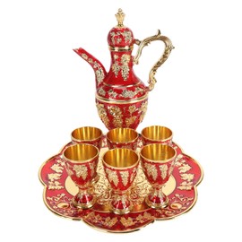 Turkish Coffee Pot Cup Set Vintage Exquisite Elegant Metal Tea Pot Set with 6 Cups for Tea Table Decor Wedding Present Gold Red