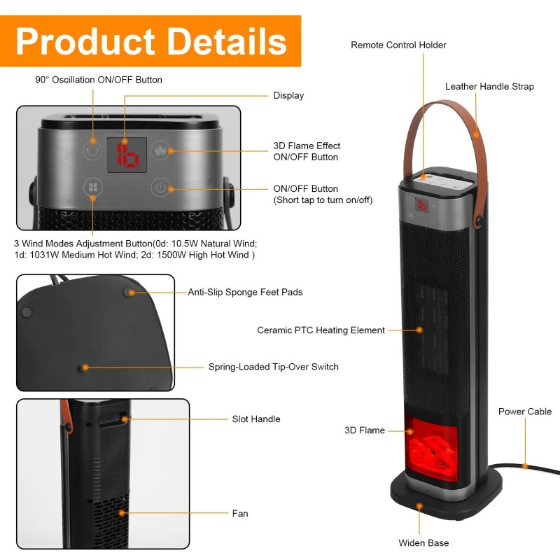 Portable 1500W Smart Home Heater Adjustable Thermostat Tower with 90