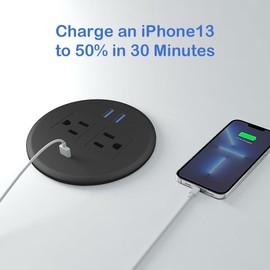 Desktop Power Grommet 3 Inch,20W USB C Fast Charging Station,Fit 3-1/8" Desk Grommet Hole.Fadossu Desk Round Recessed Power Bar Outlet,Flush-Mount Plug Station with 2-AC Outlet,3-USB Port,6.56ft,Black