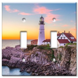 Art Plates - Double Gang Toggle Switch Plate - Decorative Metal Wall Plate - Lighthouse at Dusk - (Made in USA)