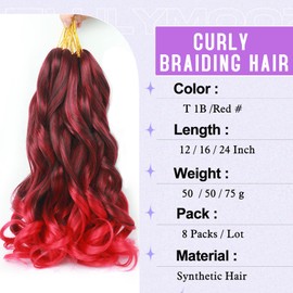 T1B/Red French Curl Braiding Hair 8packs 12Inch Loose Wavy Pre Stretched Synthetic Spiral Curly Crochet Braiding Hair 50g/pack French Curly CrochetHair (12Inch,8packs,Tred#)