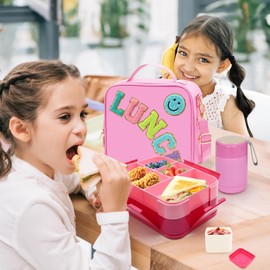 Pink Lunch Box for Girls with 10oz Thermo, with 6 Compartment Bento Box, Nylon Insulated Lunch Bag Adjustable Strap for Girl Kids Teens School Travel Picnic