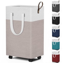 HomeHacks 75L Rolling Laundry Basket with Wheels, Collapsible & Waterproof Laundry Hamper, Mobile Clothes Hamper, Storage Laundry Bins with Handles for Laundry Room, Bedroom, Bathroom & Dor, Khaki