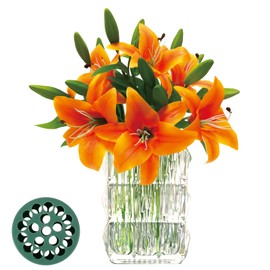 6 Pcs Artificial Tiger Lily Plastic Flowers Real Touch Latex lily's Fake Floral Bulk Artificial Orange Lilies for DIY Wedding, Table Centerpiece Home Decor, Pack of 6pcs+Spiral Ikebana Stem Holder