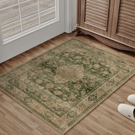 HUGEAR 2x3 Entryway Area Rug Retro Green Small Rug Machine Washable Door Mat Vintage Floral Low Pile Carpet Distressed Throw Rug Entrance Kitchen Bathroom Bedroom Office Non Slip Soft Lightweight