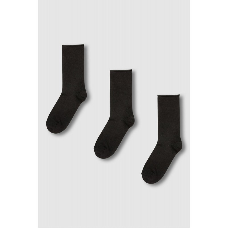JAJU [JAJU] Women's Modal Rolled Top Long Socks 3-Pack_Black