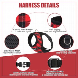 PUPTECK Dog Harness and Leash Set for Small Medium Dogs No Pull, Soft Mesh Adjustable Puppy Cat Harness Reflective at Night, Plaid Red, XS