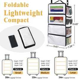 Suitcase Organizer, Carry on Closet Luggage Organizers Accessories for Travel, Foldable and Hangable Portable Hanging Travel Shelves with a Shoulder Strap to Use As a Travel Backpack Small, White