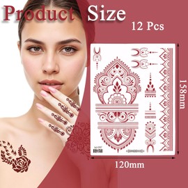 12 Sheets Temporary Tattoo Sticker, Brown Red Indian Mandala Flower Tattoo, Waterproof Temporary Tattoo Sticker for Neck Chest Arm, Body Art Sticker For Wedding Party Festival