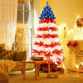 HAPPYGRILL 7.5 FT Pre-lit Artificial Christmas Tree American Flag Design, Hinged Xmas Tree with 1341 Branch Tips, 480 Warm White LED Lights, July Patriotic Decoration Tree for Carnival