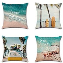 JUMUU Set of 4 Cotton-Linen Decorative Beach Throw Pillow Covers Holiday Summer Quotes Nautical Decorative Pillow Cases Outdoor Bench Ocean 18x18 Inch Square Cushion Cover Pillowcase for Sofa Couch Bed (Summer Holidays, 45 x 45cm)