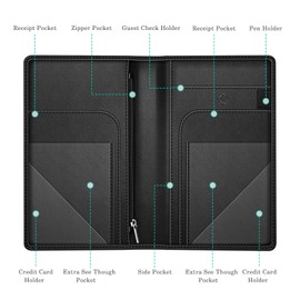 Fintie Server Book Organizer with Zipper Pocket, PU Leather Restaurant Guest Check Presenters Card Holder for Waitress, Waiter, Bartender (Midnight Green)
