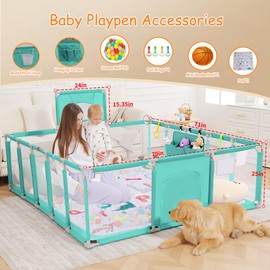 Baby playpen, 79"x71"Baby Playpen with Mat Indoor＆Outdoor Playpen for Babies and Toddlers with Breathable Play Pen with Ocean Balls Hanging Pocket Basketball Hoop (Green)