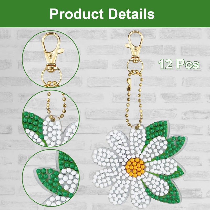 12 Pcs Diamond Art Painting Keychain Double Sided,Flower Art Full