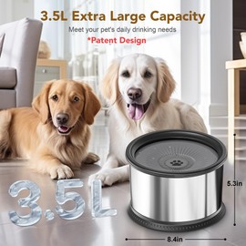 3.5L Dog Water Bowl, Large Capacity No Spill Dog Water Bowl, Stainless Steel Spill Proof Slow Water Feeder, No Splash Water Bowl, with Anti-Slip Mat for Messy Drinkers, Grey.