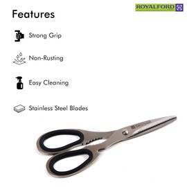Royalford 3-in-1 Kitchen Scissor – Multi-Purpose Stainless Steel Home & Kitchen Utility Shear - All-in-One Scissor, Nut Cracker & Opener