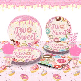Two Sweet Birthday Party Supplies for 2 Year Old Girl, 202 Pcs Donut Party Decorations for Girls Baby - Table Cover, Plates, Cups, Napkins, Utensils, Serves 25 Guests
