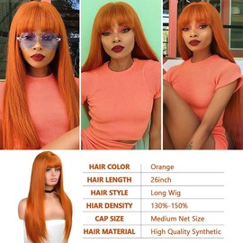 ITTAYLER Long Straight Orange Wigs with Bangs for Women Middle Part Synthetic Wigs 26inch Heat Resistant Natural Looking Hair Wig for Daily Party Cosplay