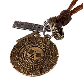 DonDon® Men's brown leather necklace with brass skull pendant and velvet pouch