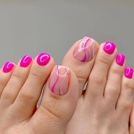 JUSTUSNX 24 Square Fake Toenails Rose Fake Toenails Coloured Lines Press On Toenails for Women and Girls (A)