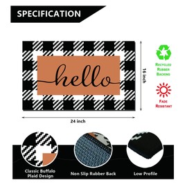 PANSHA Entryway Hello Door Mat 16 x 24”, Non Slip Black and White Buffalo Plaid Doormat, Low Profile Floor Mat Suitable for Front Door Indoor Inside Home Entrance