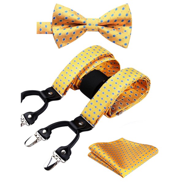 HISDERN Suspenders Bow Tie Set for Men Yellow Polka Dot