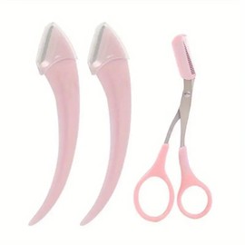 Exemption from postage Curved Eyebrow Razor yebrowScissors With Comb Eyebrow TrimmerSet, Stainless Steel, Beauty ToOl ForBeginners, Suitable For Any SkinTypes Hair Removal Accessories ForMen Women - Color: Pink eyebrow clipper 1+eyebrow knife 2